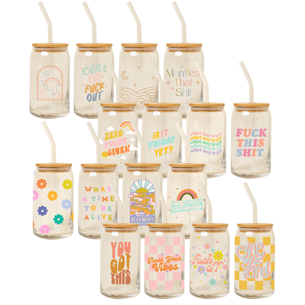 Class cans with lids and straws with 16 different designs on the fronts. 