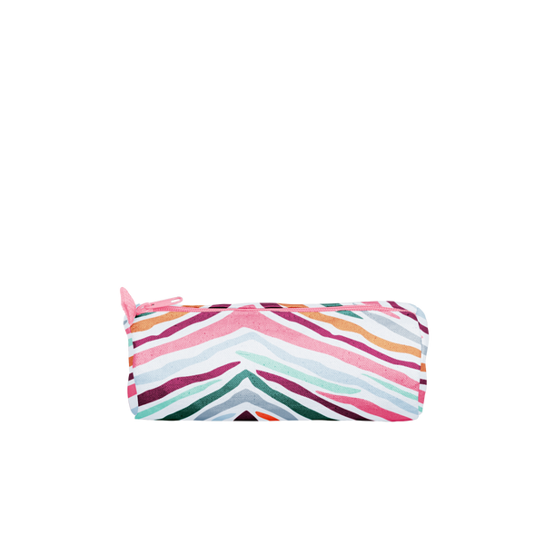 A wild-stripe multicolored pattern pouch with a pink zipper.