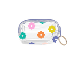Small clear vinyl pouch with multi-color daisies; gold key ring and blue zipper enclosure.
