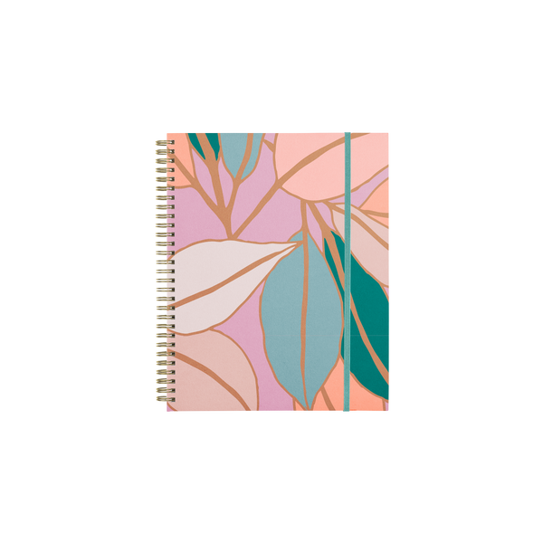Perpetual Planner - Goal Getter Lite - Talking Out Of Turn cover of planner with leaves in light pink, light and dark teal, and white leaves.