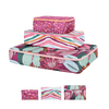 small, medium, and large packing cube set which folds into a pouch. One with cranberry speckle, one jewel tone stripes, and one floral collage.