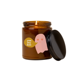 Halloween candle amber jar with lid with pink ghost and word bubble saying "you my boo"