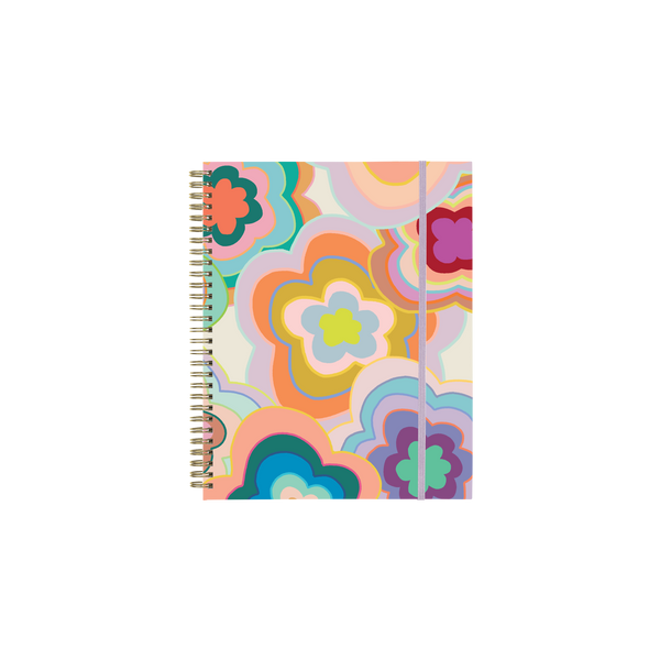 Perpetual Planner - Goal Getter Lite - Talking Out Of Turn with trippy flowers in arrays of colors with a gold spiral spine.