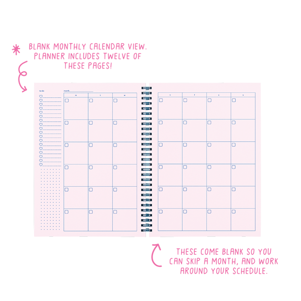 pink notebook showing art pages and a month calendar spread