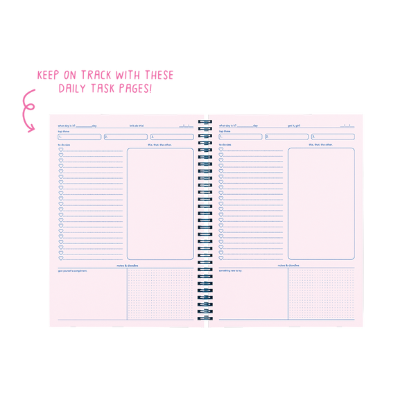 Pink notebook showing art pages, lines pages, and organization pages.