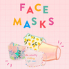 A pink grid background with four patterned face masks