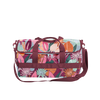 cute floral nights traveler. large size duffle tote with sangria hand and body straps. the duffle has a cranberry body with floral pattern