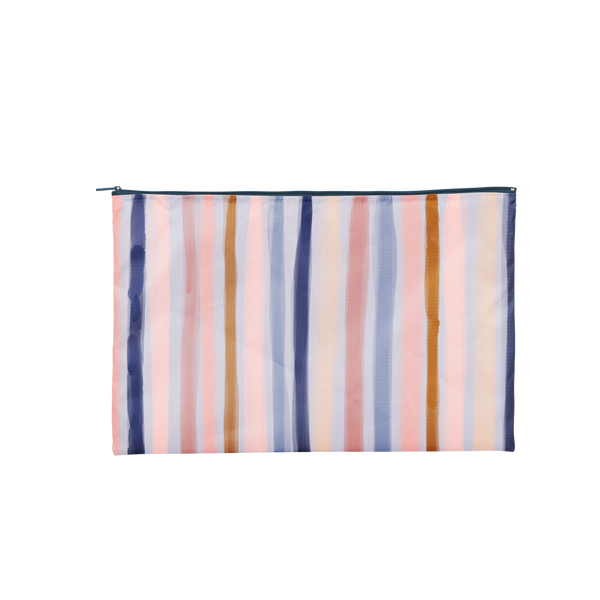 A pouch designed with uneven, vertical lines in light blues, dark blues, pinks, and creams. Pouch is a larger, rectangular shape.