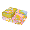 3 pack packing cube set (small, medium, and large); Multi-color flowers cube (large), green cube with text that reads 