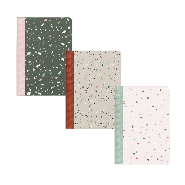 Three mininotebooks with different color terrazzo