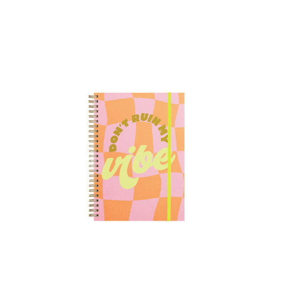 Perpetual Planner - Goal Getter Lite - Talking Out Of Turn with orange and pink checkered pattern with "Don't Ruin My Vibe" in two different shades of green.