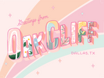A multicolored pastel print with "Oak Cliff" printed in the center in the same lettering, but each letter has a different illustration inside. All together, the print reads "Greetings from Oak Cliff Dallas, TX". 