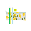 A clear pixie pouch with lemons printed all over the pouch. Three pencils included as well in the colors Grass Green, Citron Green, and Powder Blue. A Citron Green square eraser also included. 