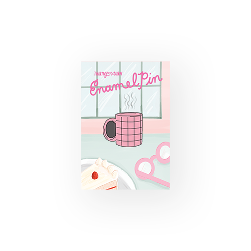 a pink and black grid coffee mug enamel pin