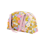 Puffy somewhere Tote gatherin flowers pink, white, and blue, with pink strap.