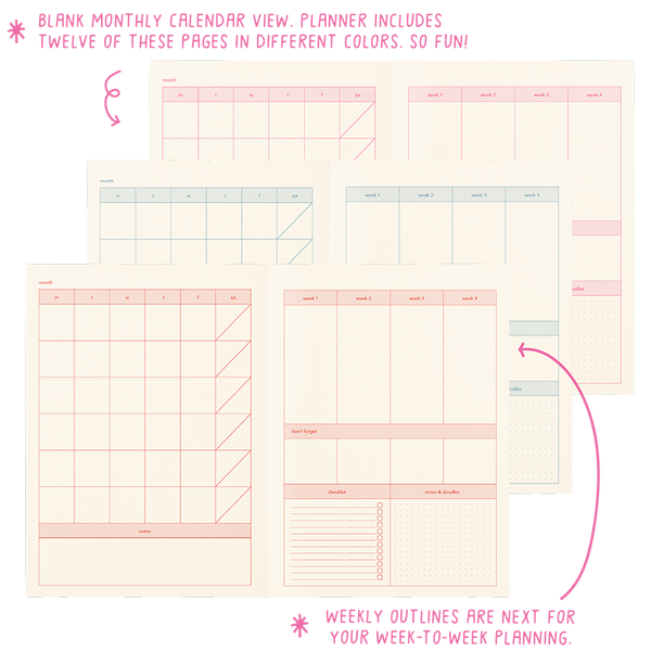 Days of the week planner layout, along with weekly sections on the next page with task reminders, a checklist sections, and a notes section. Three notebook layouts are features in different colors.