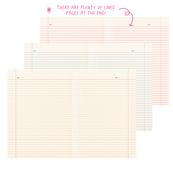A two page spread with lined pages. Three notebooks are shown with different colored lined pages.