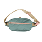 Sage color large hip bad with a coral pink zipper and tan strap