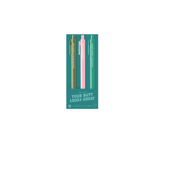 Pack of three Jotter pens in olive green, light pink, and teal, each featuring phrases, Badass with a good ass, that booty tho and your butt looks great. 