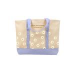 Classic Canvas tote with Peri colored bottom and straps with white daisy's scattered across that say's "Bitch You're Doing a Good Job"