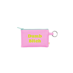 This penny key ring is a super functional way to hold all your valuables while on the go!! This playful penny key ring is made of vegan leather and features a zippered closure. The main color is pink with a light blue zipper and the quirky saying "Dumb bitch" is written in yellow.