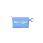 This penny key ring is a super functional way to hold all your valuables while on the go!! This playful penny key ring is made of vegan leather and features a zippered closure. The main color is light blue with a pink zipper and word "Unhinged" is written in green.