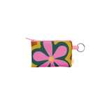 Colorful floral print zippered pouch with key ring and pink zipper, featuring a pink, dark green and mustard yellow multicolored flower. 