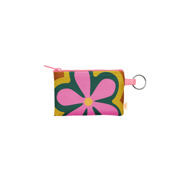Colorful floral print zippered pouch with key ring and pink zipper, featuring a pink, dark green and mustard yellow multicolored flower. 