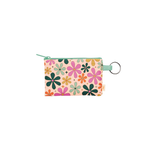 Colorful floral print zippered pouch with key ring and pastel green zipper, featuring retro-style multicolored flowers on a light pink background. 