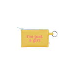 This penny key ring is a super functional way to hold all your valuables while on the go!! This playful penny key ring is made of vegan leather and features a zippered closure. The main color is yellow with a light blue zipper and the playful saying "I'm just a girl" is written in pink.