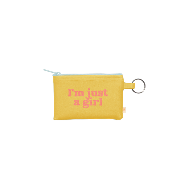 This penny key ring is a super functional way to hold all your valuables while on the go!! This playful penny key ring is made of vegan leather and features a zippered closure. The main color is yellow with a light blue zipper and the playful saying "I'm just a girl" is written in pink.
