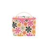 A multicolored cosmetic pouch with a daisy print in retro colors and a pink zipper. Made of vegan leather with muslin lining.