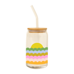 Virtual mock up of a can glass with cork lid and glass straw with the sunset scallop design