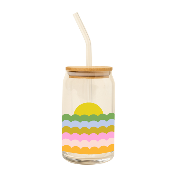 Virtual mock up of a can glass with cork lid and glass straw with the sunset scallop design