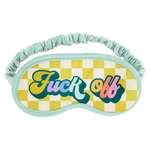 Colorful "fuck off" on sleep mask with white and citron checks with teal around