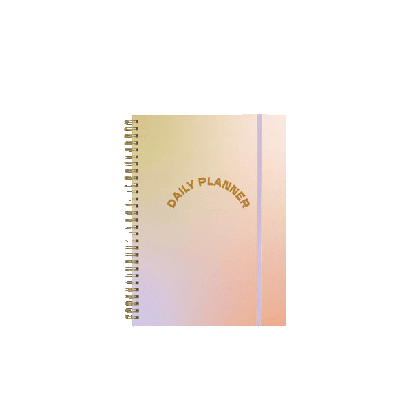 Daily planner with gradient cover flipping through floral dividers, monthly grid, weekly spreads, and art pages.