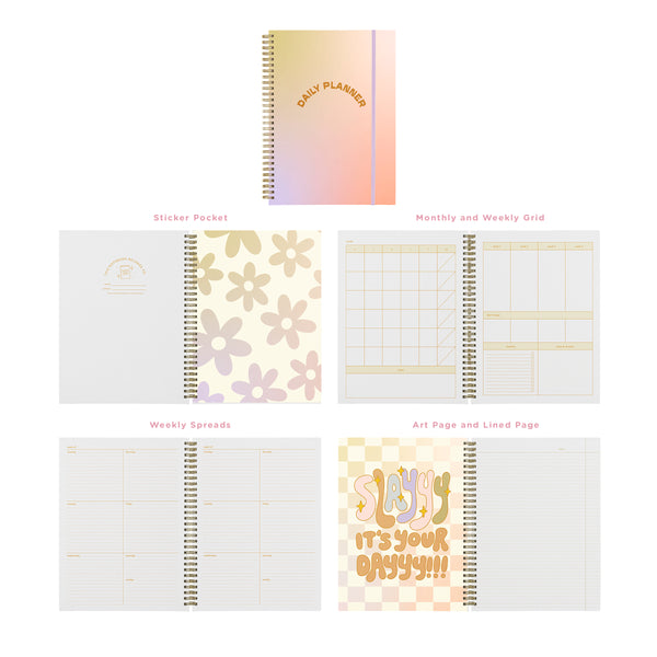 Layout of a spiral daily planner showing the pastel gradient cover, floral divider, monthly grid, weekly spreads, art page with “Slayy it’s your dayyy!!!” text, and lined pages.