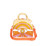 Groovy retro-inspired bag featuring a psychedelic design with a rainbow, clouds, stars, and an all-seeing eye with a daisy flower in the center. Warm tones of orange, pink, and yellow with matching cream handles and an orange adjustable strap—perfect for roller skaters, festival-goers.