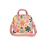Retro-inspired floral bag with a playful daisy print in shades of orange, pink, green, and yellow on a soft peach background. Features pink top handles and a matching adjustable crossbody strap—perfect for roller skates, gym gear, or as a statement accessory.