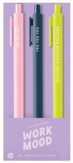 Colorful “Work Mood” Toot Jotters gel pens 3-pack by Toot, featuring fun phrases like “GO GO GO,” “YES YES YES,” and “EXCUSES EXCUSES EXCUSES” – perfect Toot Gel Pens to match your daily office energy and keep you motivated.