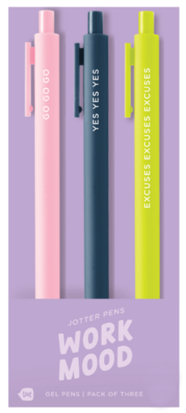 Colorful “Work Mood” Toot Jotters gel pens 3-pack by Toot, featuring fun phrases like “GO GO GO,” “YES YES YES,” and “EXCUSES EXCUSES EXCUSES” – perfect Toot Gel Pens to match your daily office energy and keep you motivated.