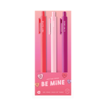 Three pink and gel red pens labeled "HEY CUTIE," "XOXO," and "U MY BOO" in a Valentine-themed package titled “BE MINE,” with candy heart illustrations around the text.