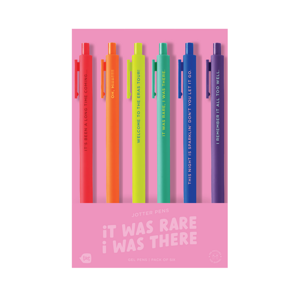 A vibrant 6-pack of gel jotter pens displayed on a pink background labeled “IT WAS RARE, I WAS THERE.” Each pen has a neon or bold-colored barrel with a lyric or reference from Taylor Swift’s Eras Tour:

Red pen: “IT’S BEEN A LONG TIME COMING…”

Orange pen: “OH, HI!!!!!!!!!”

Yellow pen: “WELCOME TO THE ERAS TOUR!”

Teal pen: “IT WAS RARE, I WAS THERE.”

Blue pen: “THIS NIGHT IS SPARKLIN’ DON’T YOU LET IT GO.”

Purple pen: “I REMEMBER IT ALL TOO WELL.”