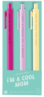 A pack of three gel jotter pens displayed on light blue packaging labeled "i'M A COOL MOM”  The jotter's colors include , dark pink, yellow and violet and have a mom-inspired saying on it. The jotter's are .5mm and write in ink that matches the barrel.