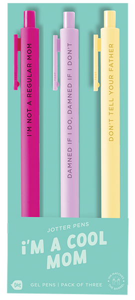 A pack of three gel jotter pens displayed on light blue packaging labeled "i'M A COOL MOM”  The jotter's colors include , dark pink, yellow and violet and have a mom-inspired saying on it. The jotter's are .5mm and write in ink that matches the barrel.