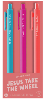 A pack of three bright jotter pens on coral-colored packaging labeled “JESUS TAKE THE WHEEL.” The turquoise pen says “JESUS TAKE THE WHEEL,” the hot pink pen reads “Y’ALL NEED JESUS,” and the red-orange pen says “NOT TODAY, SATAN.” The packaging notes it's a gel pen pack of four, although only three pens are shown, with ink that matches the barrel color.