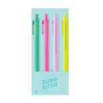 Set of four colorful pens in a packaging with text on a light blue background