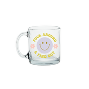 Citron "fuck around and find out" text glass mug with a blue smiley face and small daisys on the each side