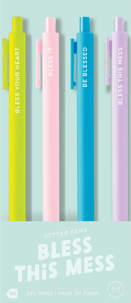 A super cute set of 4 jotters pens in citron, blush pink, light blue, and lilac with saying related to your sassiest inner voice had a stationery baby—charming, cheeky, and full of personality.