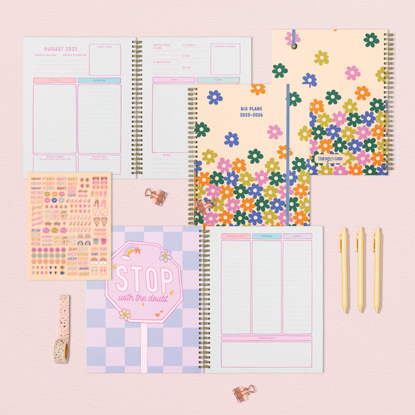 Colorful 2025-2026 Toot academic planners with a floral design showcasing the insides, sticker sheet, and Toot Jotters